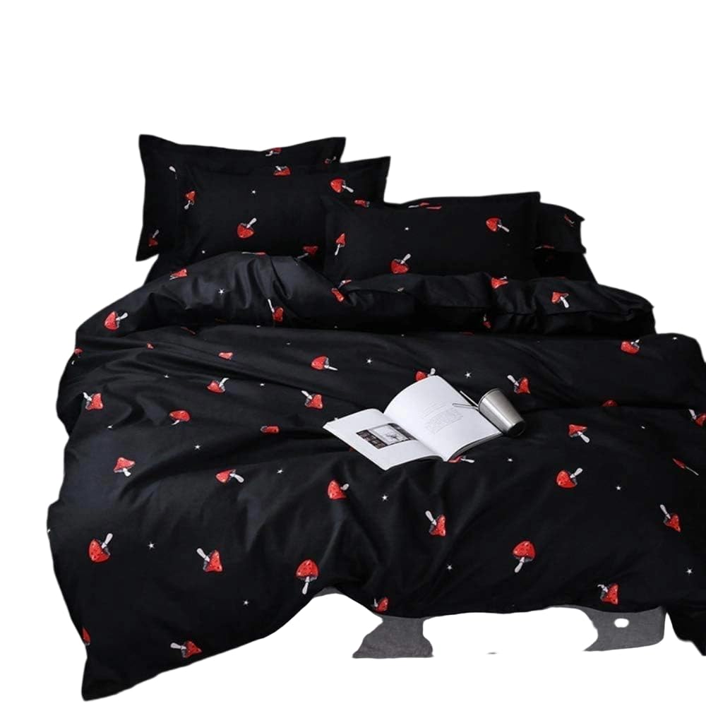 Cute Mushroom Duvet Cover Single Kid Cartoon Kawaii Bedding Set Red Mushroom Shaped Comforter Cover Set Farmhouse Botanical Bedspread Cover Lovely Natural Wild Plants Quilt Cover Black,Zipper