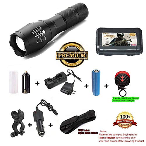 SeddyTech LED tactical flashlight Kit.Bright Nightlight torch with 2000 Lumens,Zoom Function and 5 Light Modes-Includes Battery Charger,Car charger,Holster,Cycle Mount and a Battery.