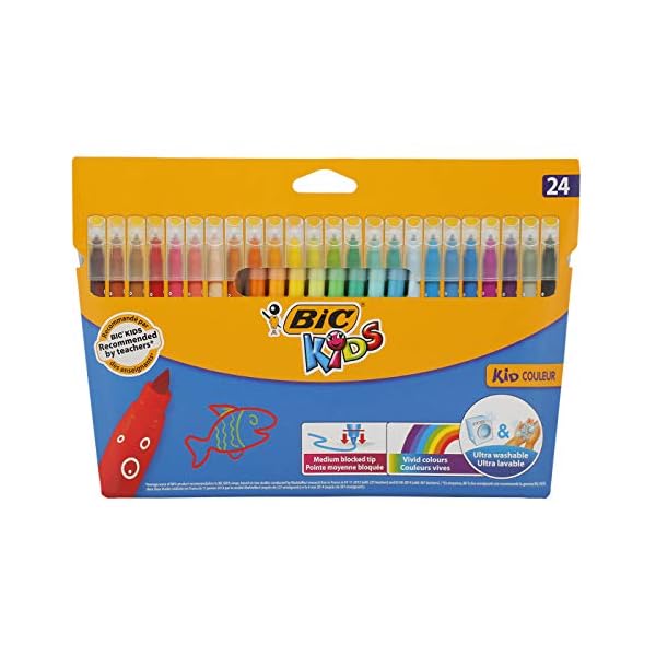 BIC-Kids-Kid-Couleur-Felt-Tip-Colouring-Pens-Ultra-Washable-Assorted-Colours-Cardboard-Wallet-of-24-Pack-of-24 BIC Kids Kid Couleur, Washable Felt Tip Pens, Ideal for School, Assorted Colouring Pens, 24 Count (Pack of 1)