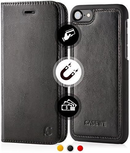 iPhone 8/iPhone 7 Leather Wallet Case - Folio Book in Italian Style, Genuine Flip Case, 3 Card Holder and Cash with KickStand Function - Magnetic Clip Closure &amp; Premium Detachable Hard Cover - Black