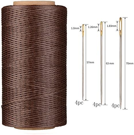 AntKits 284 Yards 150D 0.8mm Flat Leather Waxed Thread Cord and 12 pcs Stitching Needles with Big Pinhole for Leather Factory or Leathercraft DIY, Light Coffee