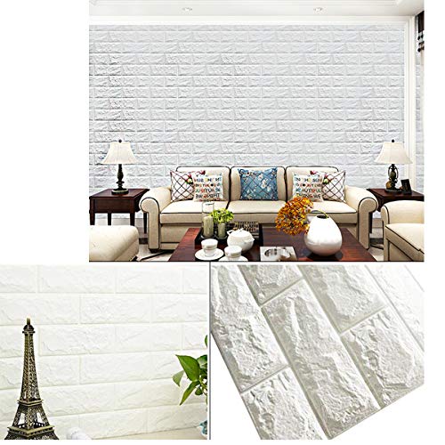 5-Pack 3D Wall Panels Wall Stickers, (30.3x27.6 inch) Waterproof XPE Foam 3D Brick Easy Self-Adhesive for Interior Wall Decoration Brick Design Soft Panels (White)