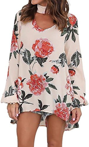 Kinikiss Women's Chocker Floral Long Top Ladies V Neck Loose Blouse Casual Fall T Shirt