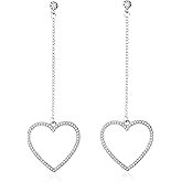 Just Follow Long Crystal Heart Dangle Earrings Rhinestone Hollow Heart Drop Love Heart Tassel Earrings Valentine Day Jewelry for Women