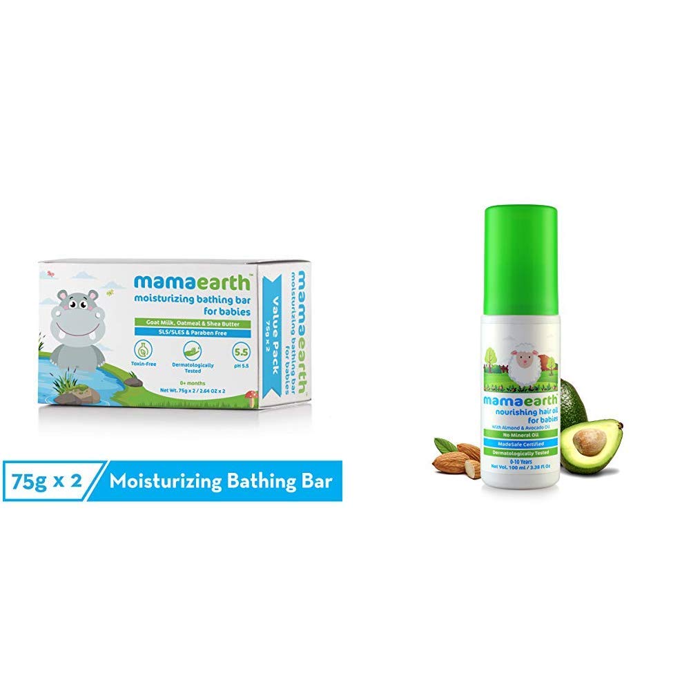 Mamaearth Moisturizing Baby Bathing Soap Bar pH 5.5 with Goat Milk and Oatmeal, 75g (Pack of 2) & Nourishing Hair Oil for Babies 100ml (0-10 Years) Combo