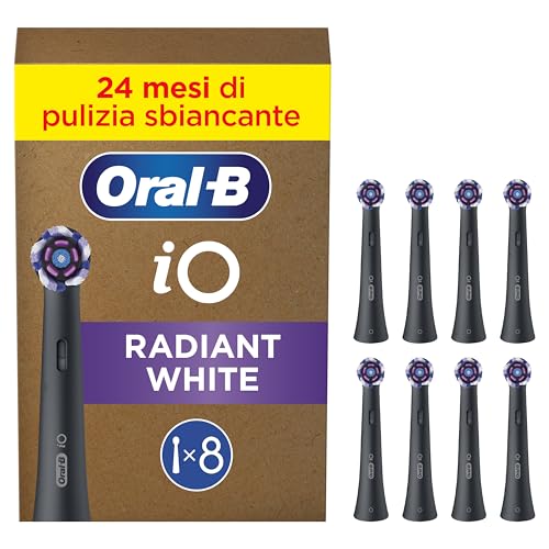 Oral-B Testine di Ricambio iO Radiant White, Nere, 8 Ricambi - 8 Testine di Ricambio per Spazzolino Elettrico, Rotonde Originali, Setole Angolate e Setole Lucidanti, Pulizia Denti