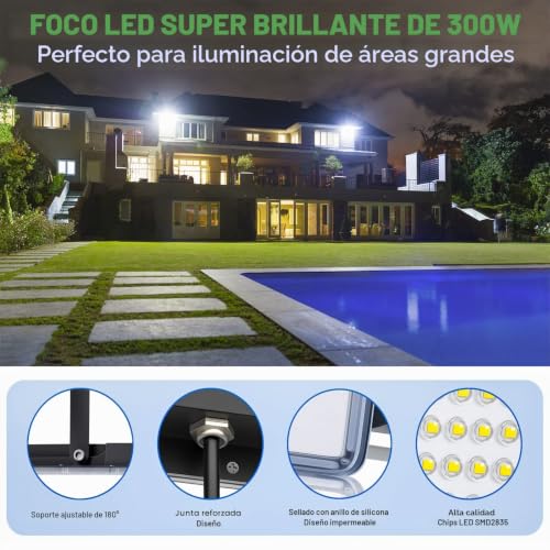 YIQIBRO 300W Outdoor LED Spotlights 2 Pieces, 30000LM 6500K Cool White Outdoor LED Lights with Transformer, IP67 Waterproof Projector for Garden, Terrace, Garage, Warehouse, Factory, Workshop