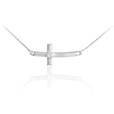 14k White Gold Diamond Small Curved Pendant Sideways Cross Necklace