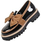 Women's Bowknot Thick Sole Loafers, Work Office Business Casual Spring & Fall Casual Patent Leather Dress Shoes, Cushioned Platform Chunky Heel Lug Sole for Daily Wear
