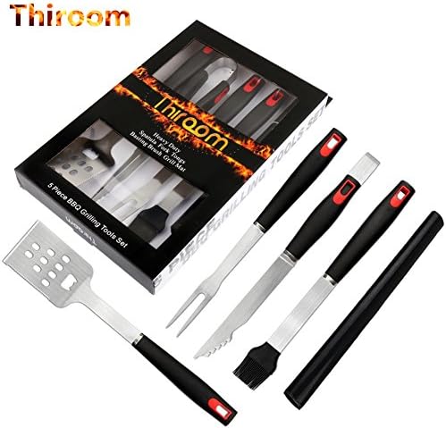 Thiroom Grill Set - 5-Piece BBQ Tools - Premium Stainless-Steel Barbecue Grilling Utensils - Tongs, Meat Fork, Basting Brush, Non-Stick BBQ Mat, and Spatula