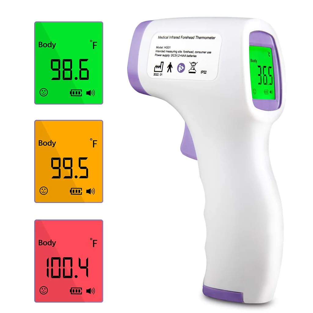 FONCBIEN Forehead Thermometer, Non-Contact Infrared Thermometer for Adults and Kids Digital Temperature Thermometer with Fever Alarm LCD Display Memory Function Temperature Gun
