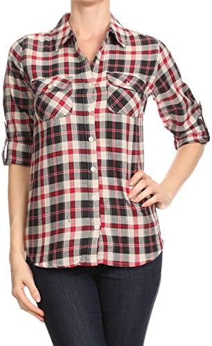Women's Lightweight Flannel Plaid Roll Up Sleeve Button Down Shirt (Medium, Red/Black/White)