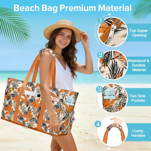 LUROON Large XXL Family Beach Bag with Zip, Waterproof, Women's Beach Bag, Foldable, Shopper, Beach Bag for Travel, Shopping, 50 x 35 x 20 cm, orange