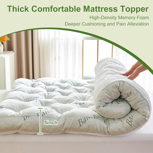 Whatsbedding Memory Foam Mattress Topper Queen Size, 5 Inches Slow Rebound Memory Foam Topper with Cooling Viscose Made from Bamboo Cover, Deep Pocket Designed Mattress Topper