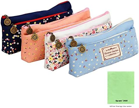 Three Legs Set of 4 Flower Floral Lovely Cute Multi-Fuctional Pencil Pen Stationery Pouch Bag Case Cosmetic Makeup Bag Case