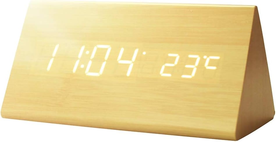 GREENIC Wooden Digital Alarm Clock, USB Powered/Battery Operated, Time Date Temperature Display, 3 Alarm Sets Triangular