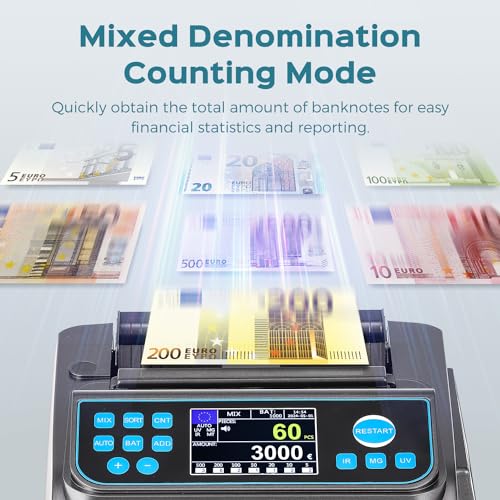 Bonvoisin Professional Banknote Counter, Value Count for Mixed Denominations in Euro, Money Counter Machine with False Detection UV/MG/IR/MT/DD, Banknote Counter 1000 Banknotes/Min (EU)