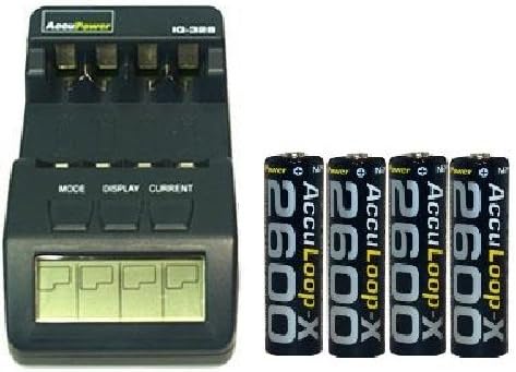 IQ-328 AA/AAA LCD Charger & 4 AA AccuPower AccuLoop-X Batteries (2600 mAh)