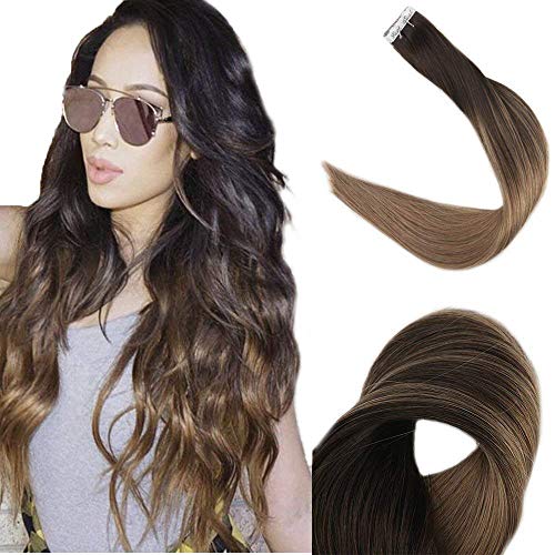 Full Shine 24" Real Hair Tape in Extensions Ombre Brazilian Hair Balayage Extensions Human Hair Color #2 Fading to #8 Tape in Hair Extensions Pastel Hair Extensions 50g 20 Pcs Per Package