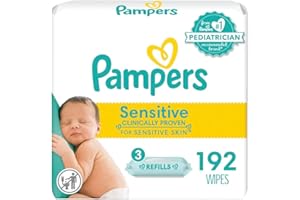 Pampers Sensitive Baby Wipes, Water Based, Hypoallergenic and Unscented, 3 Refill Packs (192 Wipes Total)