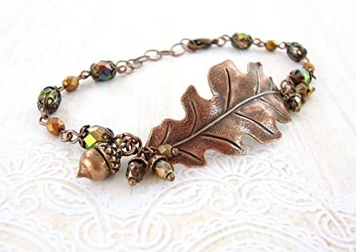 Antique Copper Autumn Oak Leaf Bracelet with Iridescent Green Czech Glass Beads Custom Length