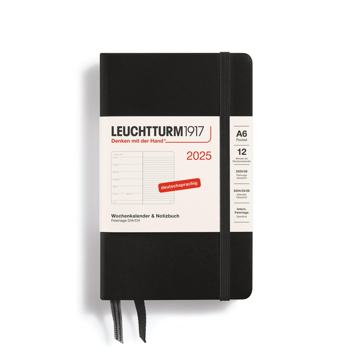 LEUCHTTURM1917 370497 Weekly Calendar & Notebook 2025, Pocket A6 Hardcover - 12-Month Planner, 80 g, Lined - Black