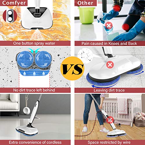 Comfyer Swift Cordless Electric Spin Mop, Floor Cleaner Mop, 2 in 1 Power Scrubber Brush & Polisher with Microfiber Reusable Pads and Water Spray for Hard Wood, Tile, Vinyl, Marble, Laminate Floor
