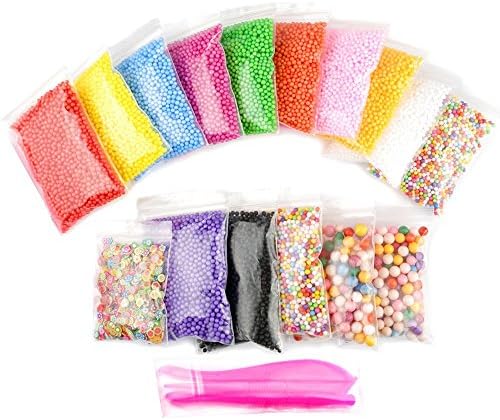Styrofoam Foam Balls for Slime, Lasaoon 15-Pack Colorful Mini Foam beads with Slime Tools and Fruit Slice for Homemade Slime, Art DIY Craft