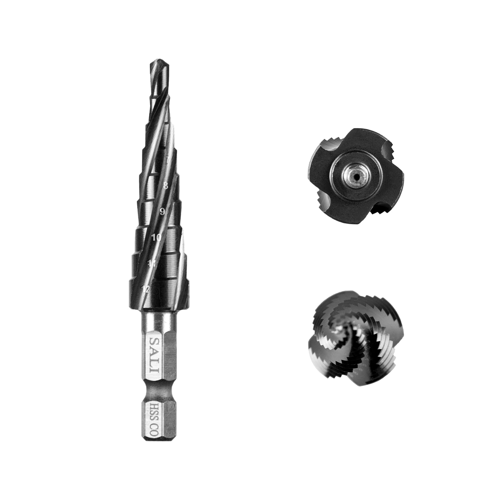 SALI M35 HSS Step Drill 4-12mm Four Spiral Flute Cobalt Step Drill Bit 1/4" Hex Shank Step Drill Bit for Metal, Stainless Steel, Aluminum, Wood, Plastic