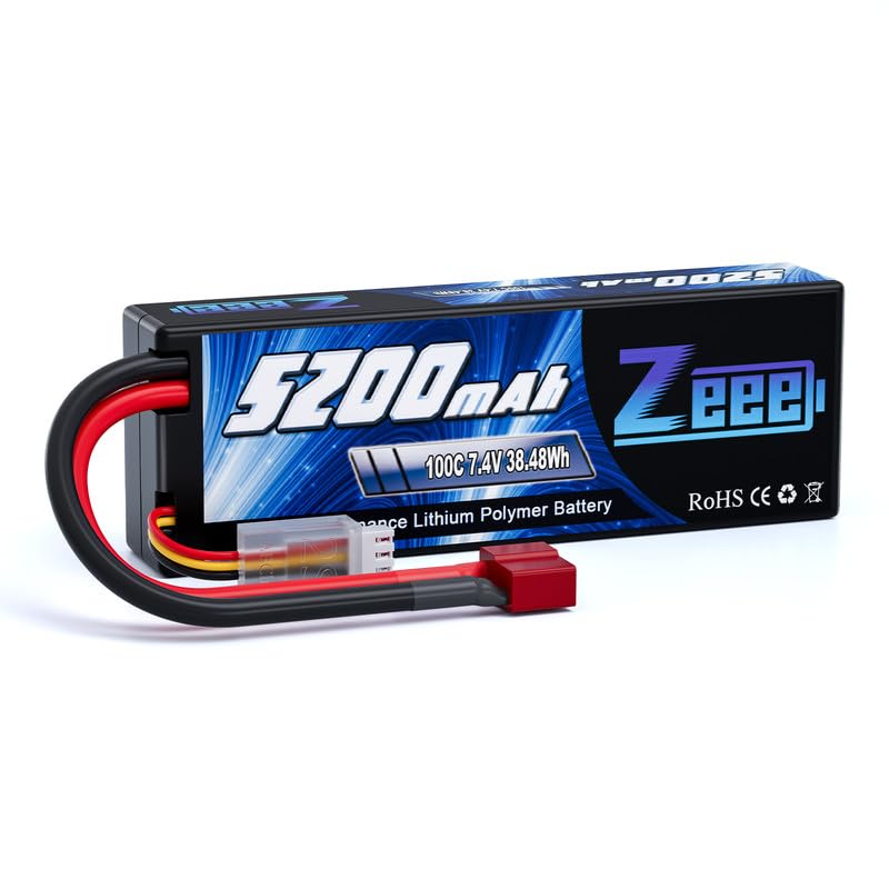 Zeee 2S Lipo Battery 7.4V 100C 5200mAh Hard Case with T Plug for 1/8 1/10 RC Vehicles Car Trucks Airplane Boats