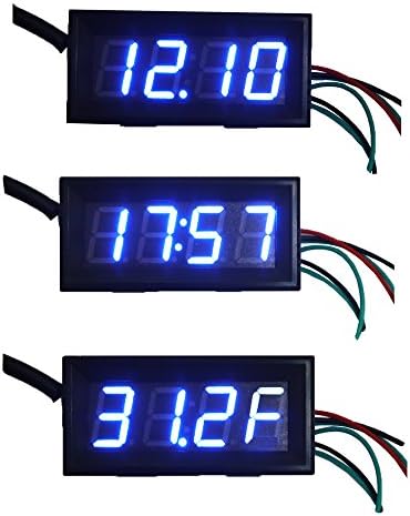 Ximico Fahrenheit Scale °F 0.56" DC 12V Digital Car Clock Thermometer Voltmeter 3in1 Blue LED Auto Gauges DS18b20 Electronic Clock with Anti-reverse Protection Probe