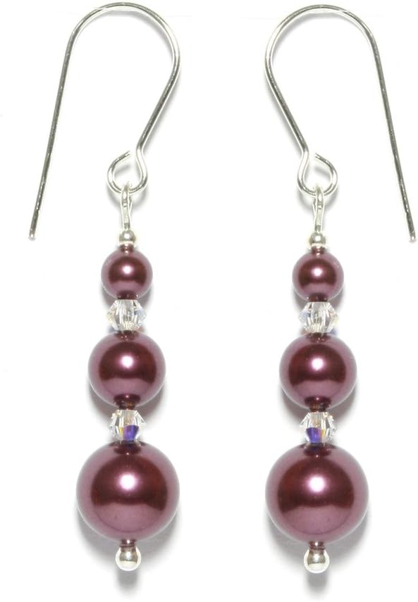 Sterling Silver Burgundy Purple Pearls and Crystal AB Handmade Drop Earrings