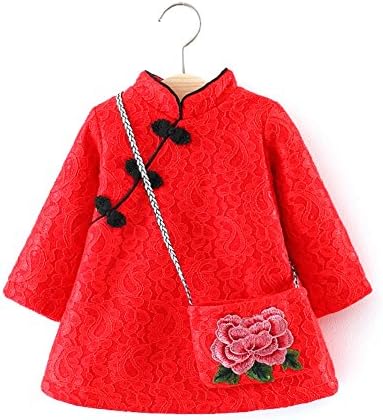 Girls Long Sleeve Qipao Dress Traditional Cheongsam Dress With Floral Satchel (4-5T, Red)