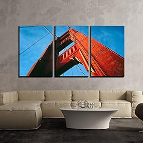 3 Piece Canvas Wall Art - Golden Gate Bridge Viewed from Below - Modern Home Art Stretched and Framed Ready to Hang - 16"x24"x3 Panels