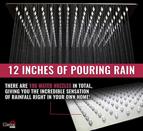 12 Inch Rainfall Shower Head - 12" Square, Stainless Steel Chrome, The Extra Large Showerhead Pumps High Pressure Rain Fall For A Powerful Rainforest Waterfall Feeling