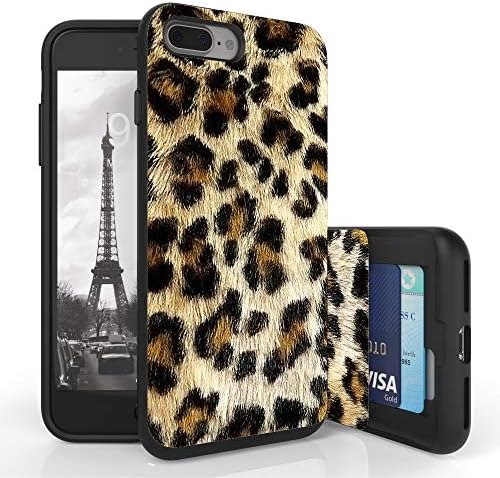 Designed for iPhone 7+, iPhone 7s Plus, iPhone 8+, iPhone 8s Plus Case, PimpCase Slim Wallet Case + Dual Layer Card Holder Leopard Skin Furry