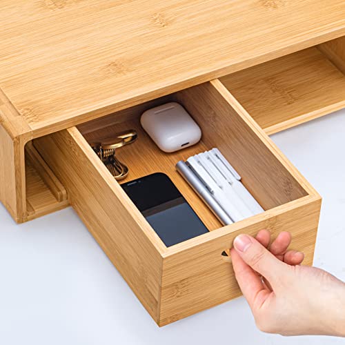 Bamboo Dual Monitor Stand Riser With Storage Drawer ROCDEER Laptop