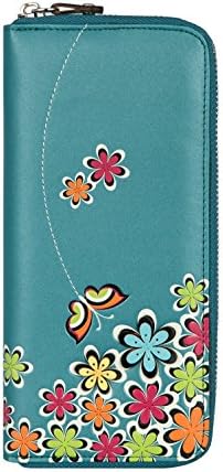 MENKAI Women's Flower & Butterfly Zipper Around Wallet Fashion Coin Case Card Holder 768W1 Peacock Blue