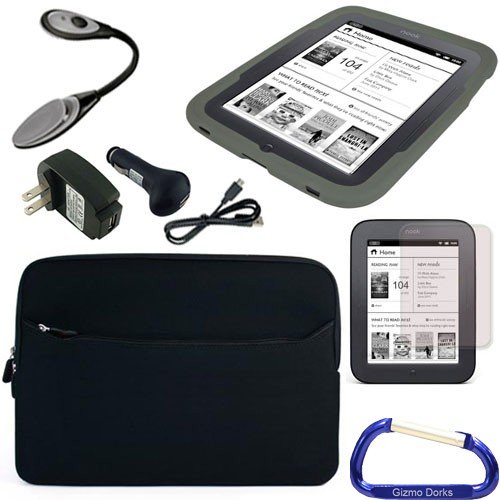 Gizmo Dorks Silicone Skin Cover (Smoke Gray), Neoprene Zipper Sleeve (Black), and Super Charging Bundle with Carabiner Key Chain for the Barnes and Noble Nook Simple Touch Reader