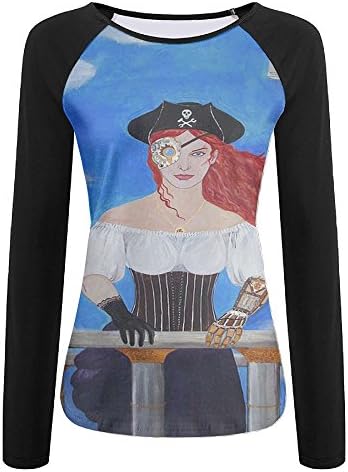 Tisky Steampunk Airship Pirate Beauty Captain Women's Juniors Baseball Long Raglan Sleeve Shirt