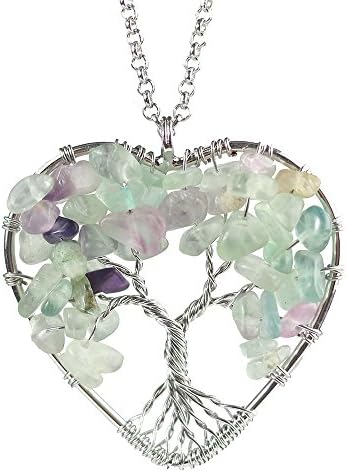 BAYUEBA Natural Necklace, Tree of life Heart Pendant, Amethyst Argentina Rhodochrosite Chakra Gemstone Jewelry (S:Fluorite)