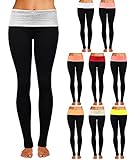 Enimay Women's High Waist Yoga Pants 1 and 2 Pack Fold Over Colored Waistband
