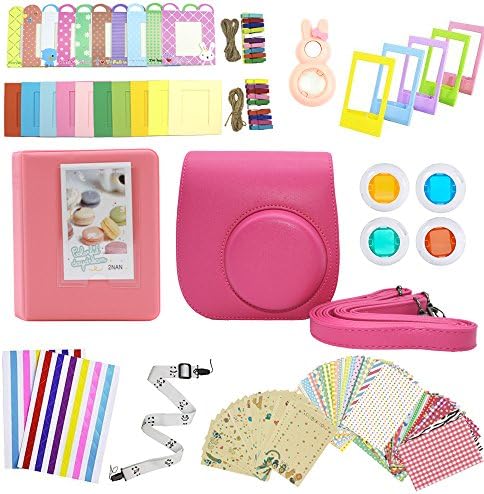 Hamsing Fujifilm Instax Mini 9 Mini 8/8+ Accessories, 12 in 1 Camera Bundles Set Include Camera Case/Album/Selfie Lens/Colored Filters/Hang Frames/Film Frames/Border Stickers/strap (Rose)