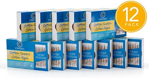 Classic Cotton Swabs Double Tipped Wooden Sticks 125 Count Per Pack (Pack of 12 = 1,500 Count)