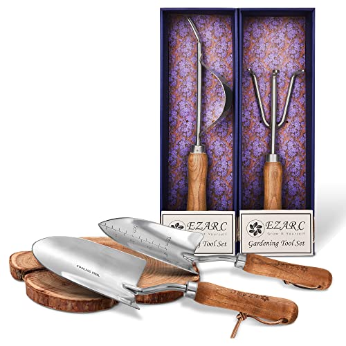 EZARC Gartenwerkzeug Set, 4-teiliges Gartengeräte Set Aus Rostfrei Edelstahl mit Holzgriff, Geschenkpaket Inkl.
