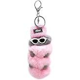 surell Genuine Rex Rabbit Fur Pom Caterpillar Keychain with Sunglasses and Winter Knit Hat - Insect Bag Beach Purse Charm