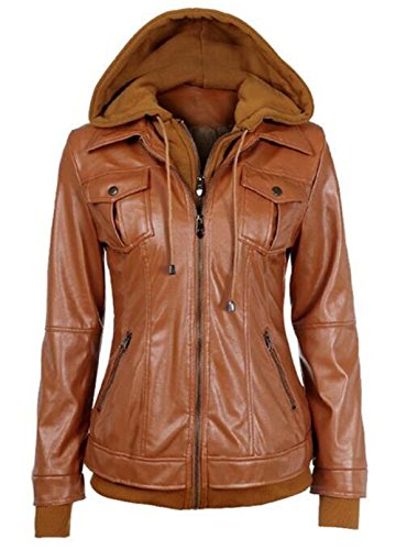 Women's Camel Hooded Faux Leather Motorcycle Bomber Jacket with Zipper Women's Camel Hooded Faux Leather Motorcycle Bomber Jacket with Zipper