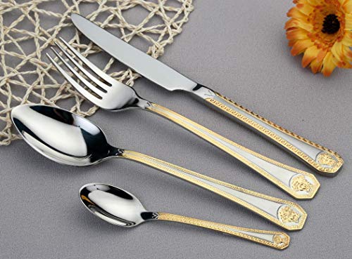 Venezia Collection 'Greek Medusa' 40-Pcs. Fine Flatware Set, Silverware Cutlery Dining Service for 8, Premium 18/10 Surgical Stainless Steel, 24K Gold-Plated Trim
