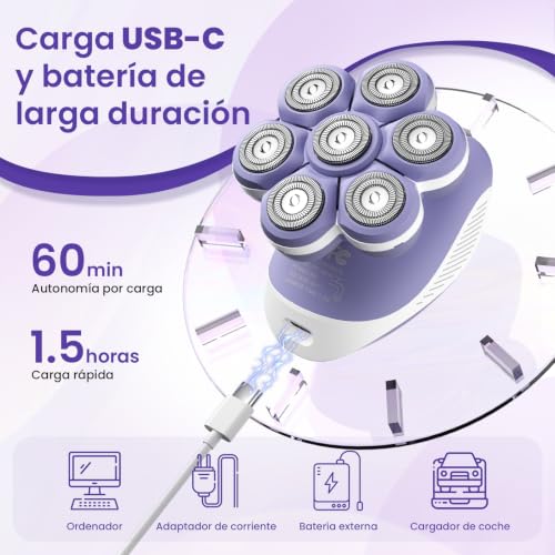 VIKICON Electric Shaver Woman 7D, USB Rechargeable Female Shaver | Body Shaver for Legs and Body, Floating Head, Dry/Wet, LED Light, Compact for Travel, Purple