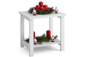 DPWOODON 2-Tier Adirondack Outdoor Side Table, 16.6" Acacia Weather-Resistant End Table with Shelf for Patio, Garden, Lawn, Living Room (White)